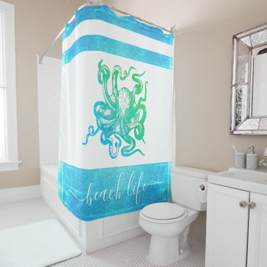 ターコイズブルーグリーンタコビーチライフスクリプト シャワーカーテン (インサイチュ)