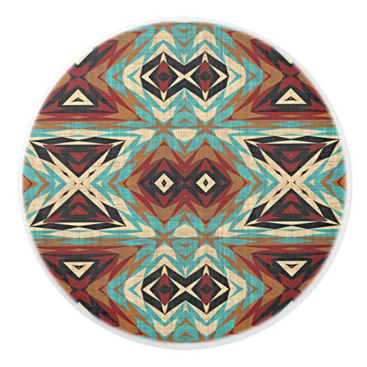 ターコイズブルーグリーンブラウンオレンジエスニック族アート セラミックノブ (正面)