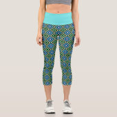 ターコイズブルーグリーンブラックダイヤモンドパターンスポーツ カプリレギンス (正面)