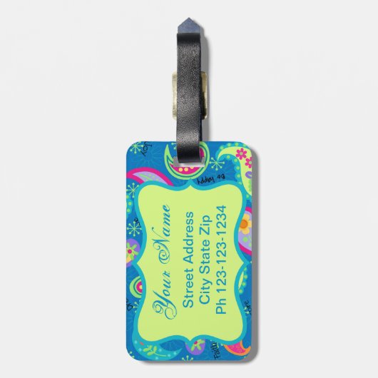 ターコイズブルーグリーンモダンペイズリーパターン ラゲッジタグ (裏面縦)