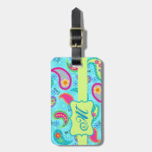 ターコイズブルーグリーンモダンペイズリーモノグラム ラゲッジタグ (正面縦)