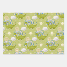 ターコイズブルーグリーン恐竜&レインボウ ラッピングペーパーシート