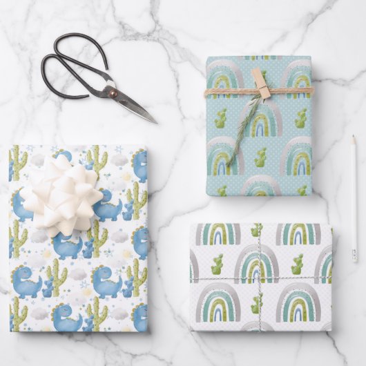 ターコイズブルーグリーン恐竜&レインボウ ラッピングペーパーシート (正面)