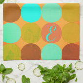 ターコイズブルーグリーン&オレンジサークルモノグラム キッチンタオル (折り畳み)