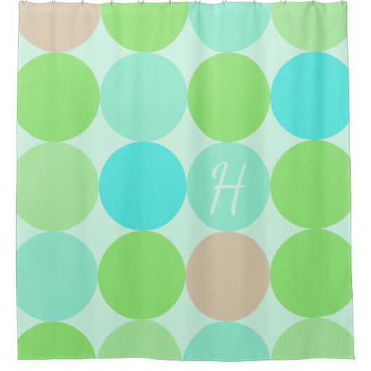 ターコイズブルーグリーン&オレンジサークルモノグラム シャワーカーテン (正面)
