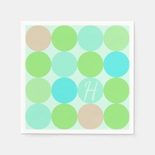 ターコイズブルーグリーン&オレンジサークルモノグラム スタンダードカクテルナプキン (正面)