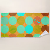 ターコイズブルーグリーン&オレンジサークルモノグラム ビーチタオル (正面)