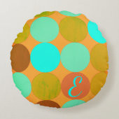 ターコイズブルーグリーン&オレンジサークルモノグラム ラウンドクッション (正面)
