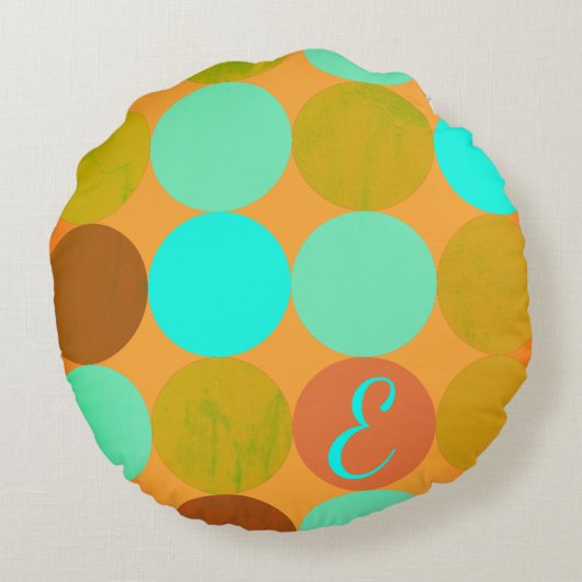 ターコイズブルーグリーン&オレンジサークルモノグラム ラウンドクッション (裏面)