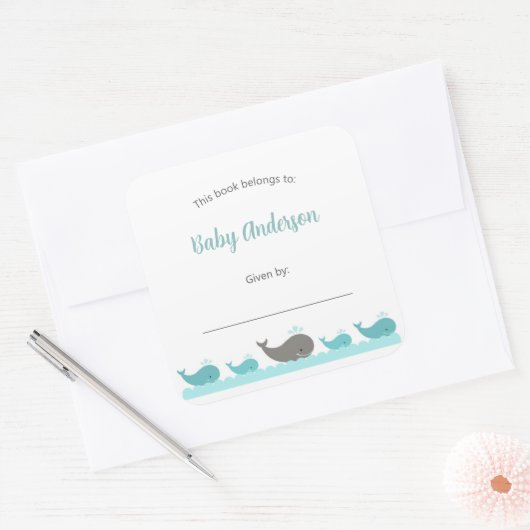 ターコイズブルーグレイクジラ子供蔵書票ラベル スクエアシール (封筒)