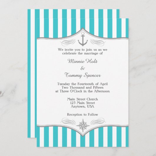 ターコイズブルーグレー航海の結婚式招待状 招待状 (正面/裏面)