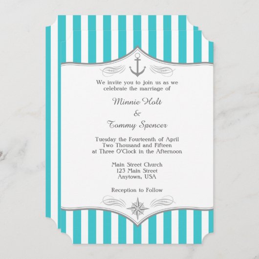 ターコイズブルーグレー航海の結婚式招待状 招待状 (正面/裏面)