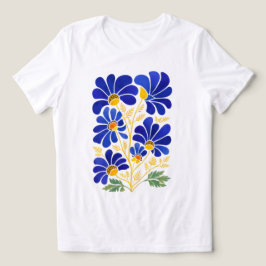 ターコイズブルーゴールドの女性用抽象的フラワーロンTシャツ トライブレンドＴシャツ
