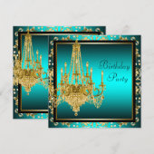 ターコイズブルーゴールドダマスクシャンデリア バースデーパーティー 招待状 (正面/裏面)