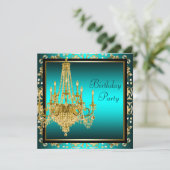 ターコイズブルーゴールドダマスクシャンデリア バースデーパーティー 招待状 (スタンド正面)