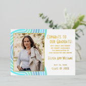ターコイズブルーゴールドフォイル卒業発表 箔招待状 (立ち正面)