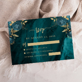 ターコイズブルーゴールドフラワースクリプト結婚式RSVP エンクロージャーカード