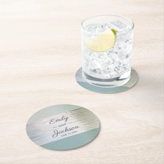 ターコイズブルーシルバーシーガラスカスタムウェディング ラウンドペーパーコースター (インサイチュ)