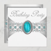 ターコイズブルーシルバーバースデーパーティ招待状 招待状 (正面/裏面)