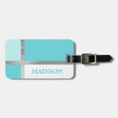 ターコイズブルーシルバーフォイルストライプカラーブロック ラゲッジタグ (正面横)