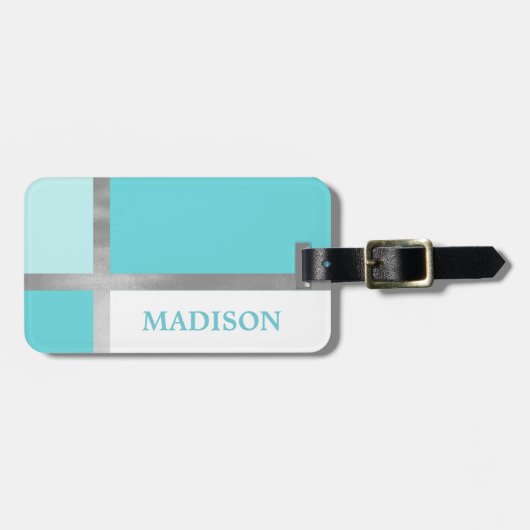 ターコイズブルーシルバーフォイルストライプカラーブロック ラゲッジタグ (正面横)