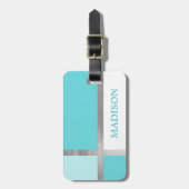 ターコイズブルーシルバーフォイルストライプカラーブロック ラゲッジタグ (正面縦)