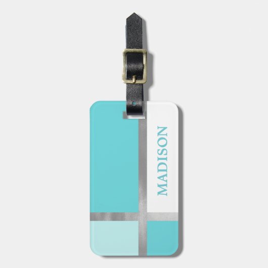 ターコイズブルーシルバーフォイルストライプカラーブロック ラゲッジタグ (正面縦)