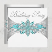 ターコイズブルーシルバー誕生日パーティー招待状 招待状 (正面/裏面)