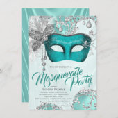 ターコイズブルーシルバー スウィート16 マスカレードパーティー 招待状 (正面/裏面)