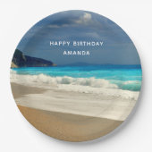 ターコイズブルーシービーチフォトハッピーバースデー ペーパープレート (正面)