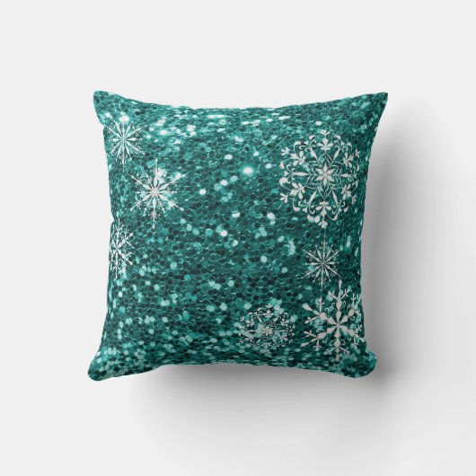 ターコイズブルースノーフレークグリッタークリスマス クッション (裏面)
