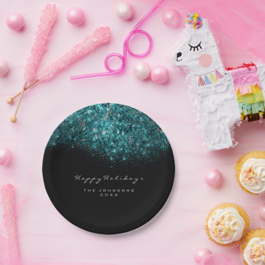 ターコイズブルースパークリーグリッター白黒ホリデー ペーパープレート (パーティー)