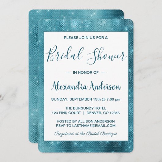 ターコイズブルースパークルブライダルシャワー招待 招待状 (正面/裏面)