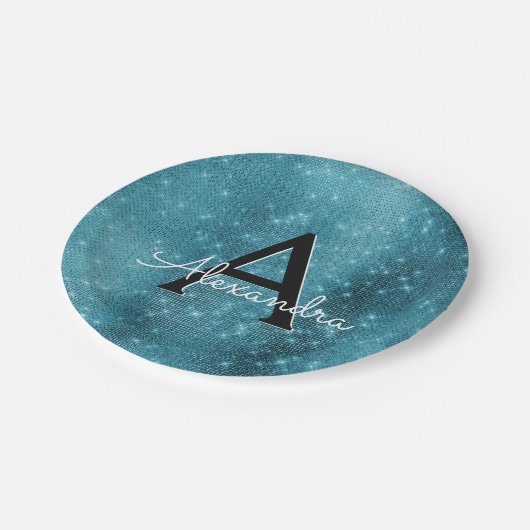 ターコイズブルースパークルモノグラム誕生日 ペーパープレート (アングル)