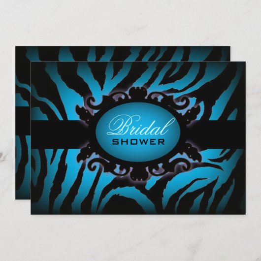ターコイズブルーゼブラプリントシックブライダルシャワー 招待状 (正面/裏面)