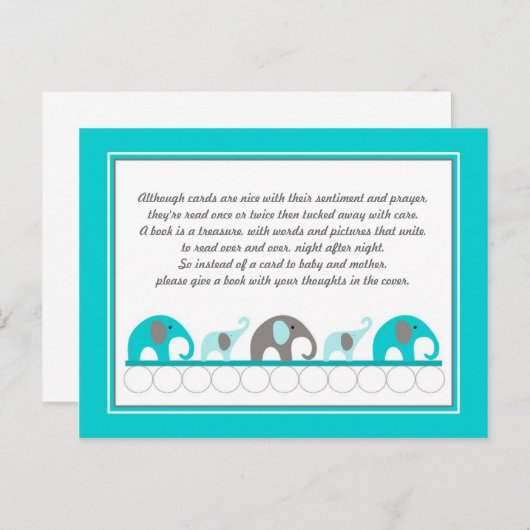 ターコイズブルーゾウ挿入ブックベビーシャワー インビテーションポストカード (正面/裏面)