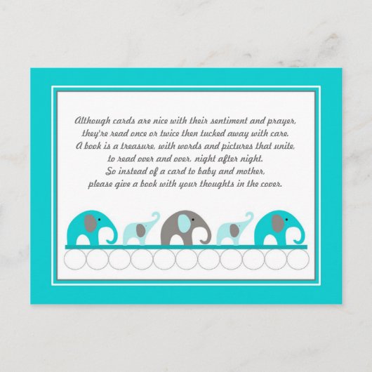 ターコイズブルーゾウ挿入ブックベビーシャワー インビテーションポストカード (正面)