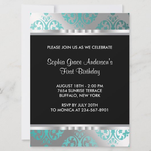 ターコイズブルーダマスク王冠プリンセス1歳誕生日パーティー 招待状 (裏面)