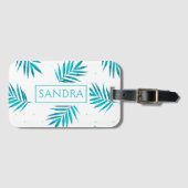 ターコイズブルートロピカルパーム葉パターン ラゲッジタグ (正面横)