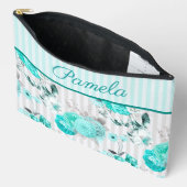 ターコイズブルーバラ、グレイストライプとモノグラム アクセサリーポーチ (見開き)