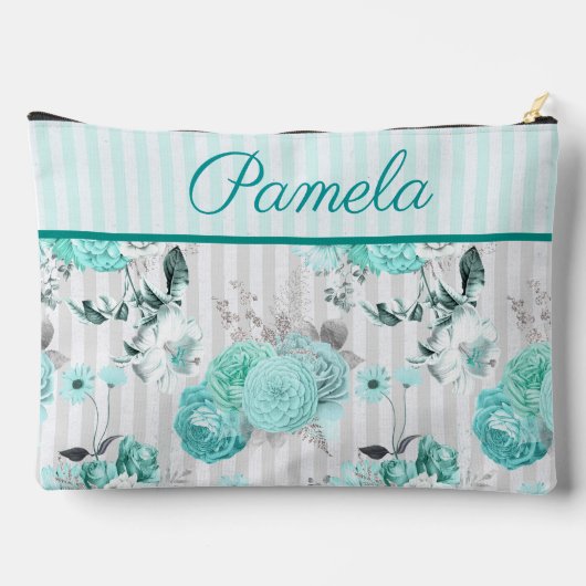 ターコイズブルーバラ、グレイストライプとモノグラム アクセサリーポーチ (裏面)