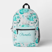 ターコイズブルーバラ、グレイストライプとモノグラム プリントバックパック (正面)