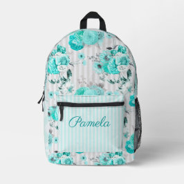 ターコイズブルーバラ、グレイストライプとモノグラム プリントバックパック