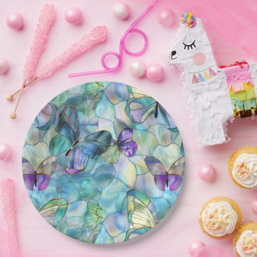 ターコイズブルーパープル蝶 ペーパープレート (パーティー)