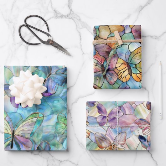 ターコイズブルーパープル蝶 ラッピングペーパーシート (正面)