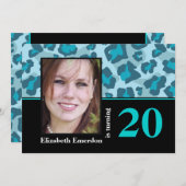 ターコイズブルーヒョウ印刷20th誕生日の写真 招待状 (正面/裏面)