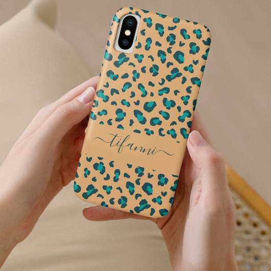 ターコイズブルーヒョウ柄タン ネーム変更可能 Case-Mate iPhoneケース