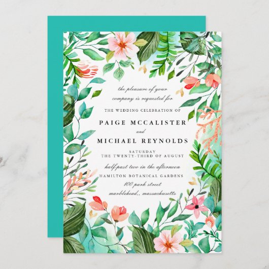 ターコイズブルーピンクフローラボタニッ結婚クス 招待状 (正面/裏面)