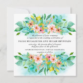 ターコイズブルーピンクフローラボタニッ結婚クス 招待状 (正面)