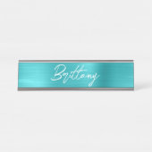 ターコイズブルーフォイルモダンブラシスクリプト名 デスクネームプレート (正面)